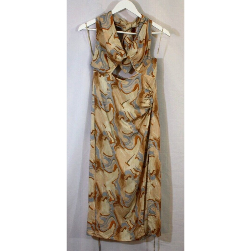Reserved Dress Women's 6 Brown Midi Retro 70s Side Slit Deep V neck Psychedelic